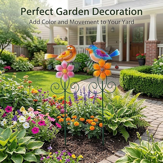 Topadorn Floral Garden Stake Outdoor Plant Pick Water Proof Metal Flower Stick for Lawn Yard Patio,Pathway Ornament,Set of 2,Flower and Bird