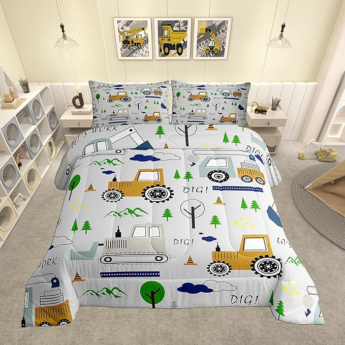 Feelyou Construction Comforter Set Full Size Equipment Trucks Bedding Set for Kids Boys Construction Vehicles Duvet Quilt Excavator Tractor Bedroom Decor Cartoon Car Grey3 Pcs with 2 Pillow Cases