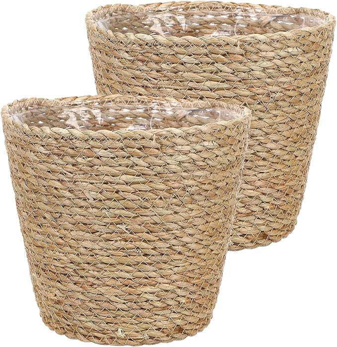 Abaodam 2pcs Woven Straw Plant Pot Baskets for Indoor Outdoor Gardening, 22x21x15cm Seagrass Planters with Natural Rattan Fiber, Rustic Flower Containers for Home Decor and Nursery Storage