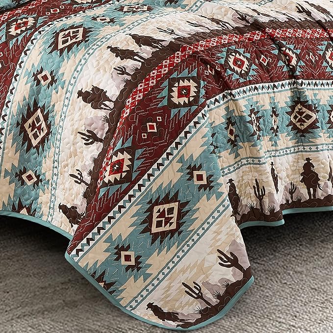 Chezmoi Collection Dune 3-Piece Southwestern Cowboys Aztec Quilt Set - Multicolor Teal Brown Beige Tan Red Printed Microfiber Bedspread Set, Full (90" x 95")