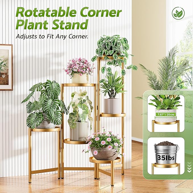 6 Tiered Plant Stand Indoor for Multiple Large Planter, Tall Heavy Duty Adjustable Folding Rack with Rustproof 7.9 Inch Wide Tray, Plant Shelf for Corner Living Room - GoldDisk