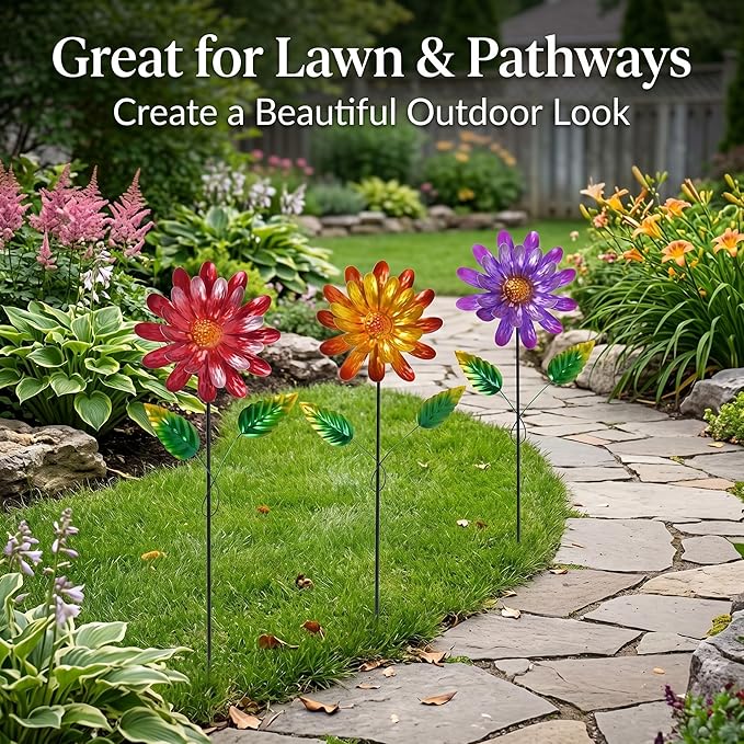 Garden Stakes Decorative, Metal Flowers for Outside, Glow in Dark Yard Lawn Ornaments Plant Pot Flower Bed Decor, Patio, Set of 3, Purple Yellow Red