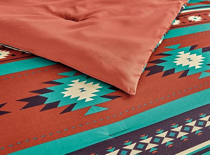 Chezmoi Collection 3-Piece Southwestern Geometric Tribal Multicolor Red Teal Beige Comforter Set, King Size