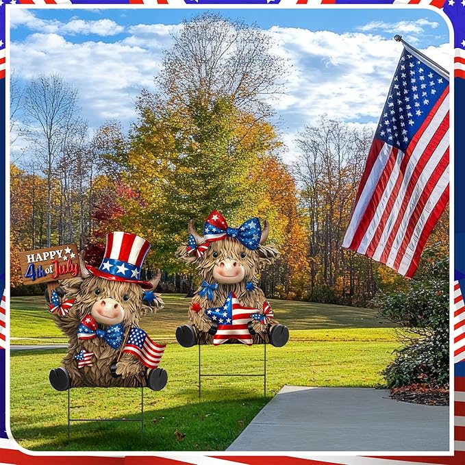 Amyhill 2 Pcs 4th of July Metal Outdoor Decor Garden Stakes Patriotic Highland Cow Welcome Yard Signs Decorations Red White Blue Garden Stakes for Independence Memorial Day Patio Lawn Walkway Outside