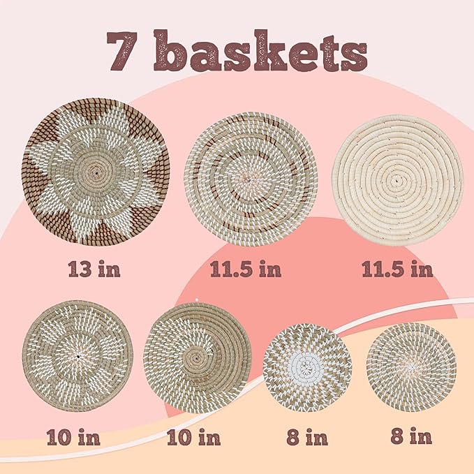 SeaVibe BOHO – Set of 7 Handwoven Seagrass Wall Baskets | Coastal Boho Wall Decor | Beachy Accent Hanging Baskets | Natural Woven Wall Art | Neutral Blue Home Decor