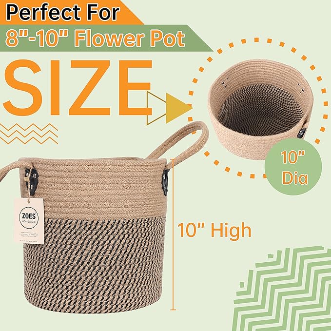 Zoes Homeware Jute Rope Basket - 10"x10" Woven Plant Pot Holder with Handles, Boho Indoor/Outdoor Planter Cover, Multifunctional Storage
