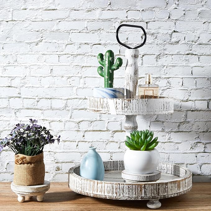 Yalikop Set of 2 Mini Wood Risers for Decor Round Wooden Riser Small Wooden Stool Display Stand Farmhouse Rustic Wood Pedestal for Plant Pot Tiered Tray Decor Cake Food Collection Display(White)