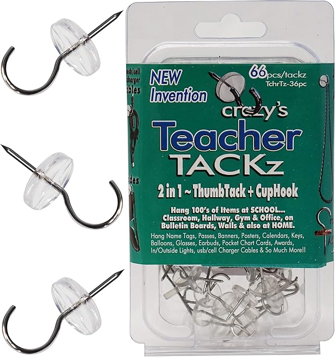 TEACHER TACKz 66 tacks - School Supplies for Teacher's Class Room - 2 in 1 push pin hook - thumb tack hook - Banners Signs Word Wall Cards Name Letter Fact Family Flash Matching Number Pocket Spelling