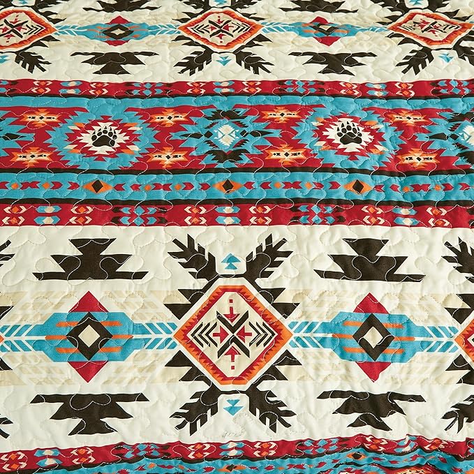 Chezmoi Collection Sanse 3-Piece Southwestern Geometric Motif Quilt Set - Multicolor Red Brown Blue Cream Printed Microfiber Lightweight Quilted Bedspread Set, Queen (100" x 95")
