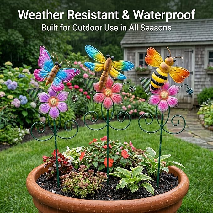 Topadorn Floral Garden Stakes Outdoor Plant Pick Waterproof Metal Flower Garden Stakes for Lawn Yard Patio,Pathway and Planter Pot Decor,Set of 3,Bee,Butterfly and Dragonfly