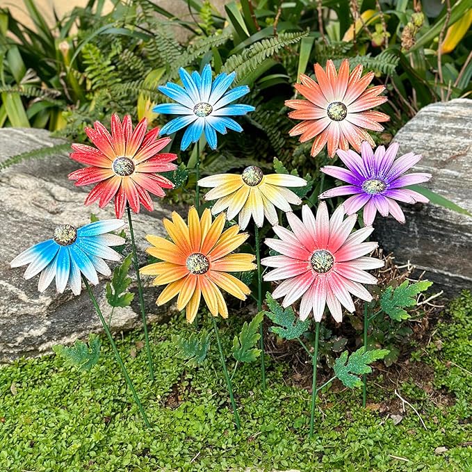 Metal Flowers for Outside, 8 Pack Decorative Garden Stakes with Spring Design, 16.5 Inch Handmade Iron Outdoor Metal Garden Decor, Flickering Daisy Yard Art for Patio Lawn