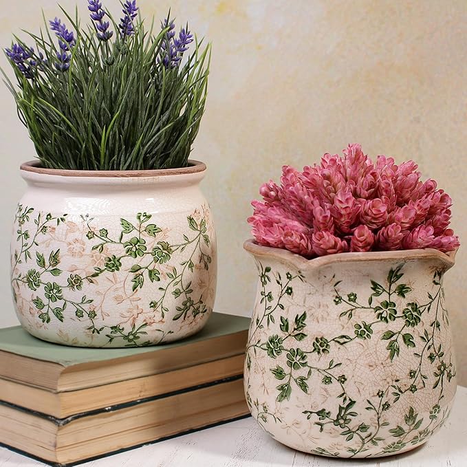 Xiaan Jiaju Vintage Country Ceramic Vase and Planters, 6.29 Inch Small Plant Pots for Indoor English Garden Decor, Old World Room & Home Decor, Sage Beige