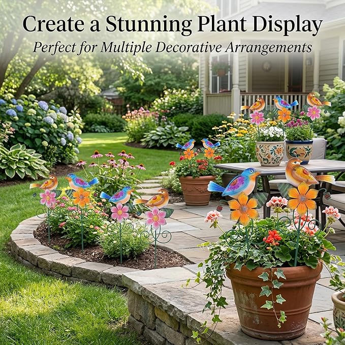Topadorn Floral Garden Stake Outdoor Plant Pick Water Proof Metal Flower Stick for Lawn Yard Patio,Pathway Ornament,Set of 2,Flower and Bird