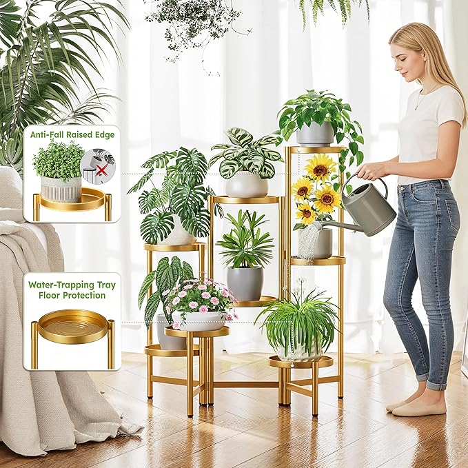 Gold Plant Stand, 8 Tiered Plant Stand Indoor for Multiple Large Planter, Tall Heavy Duty Adjustable Folding Rack with Rustproof 7.9 Inch Wide Tray, Corner Plant Shelf for Balcony - GoldDisk