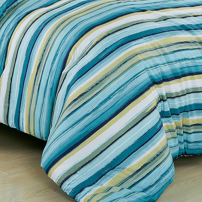 Chezmoi Collection Marvin 7-Piece Coastal Lodge Bed in a Bag California King Comforter Set - Green Blue White Striped Printed Microfiber Bedding Set