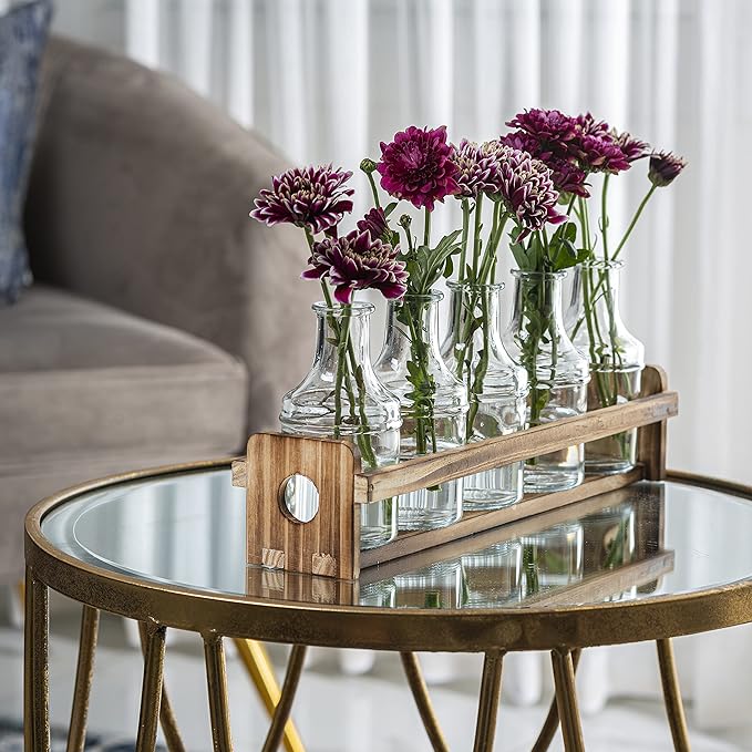 Le'raze Glass Flower Vase with Wooden Holder, Set of 6 Rectangular Bud Vases for Home Decor, Wedding, Mother's Day, Clear Glass, Metal Stand