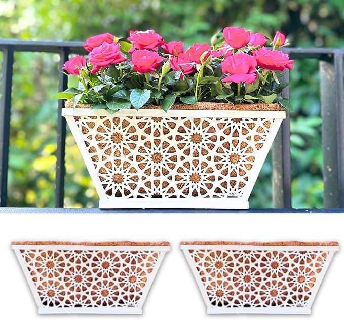 LaLaGreen Window Boxes Planters for Outdoor Plants (2 Pack, 12 Inch) White Metal Small and Cute Fence Rectangular Hanging Planters Flower Box with Coco Liner, Horse Troughs Balcony Deck Railing Porch