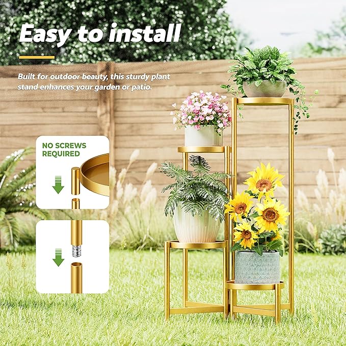 Gold Plant Stand, 4 Tiered Plant Stand Indoor for Multiple Large Planter, Tall Heavy Duty Adjustable Folding Rack with Rustproof 7.9 Inch Wide Tray, Plant Shelf for Corner - GoldDisk