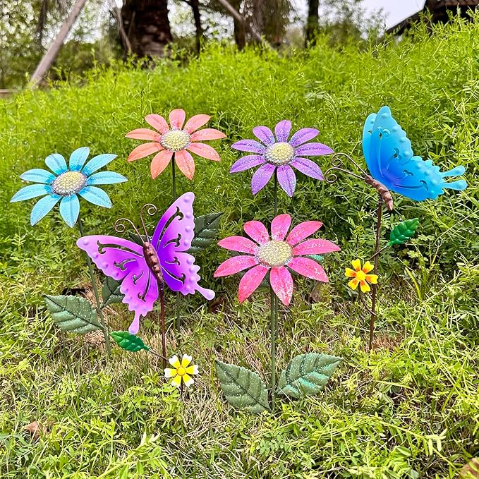 6Pack Metal Flowers for Outside，16.15 Inch Metal Flowers&Colorful Butterfly Decorative Garden Stakes for Spring Decor, Shaking Head Yard Art Garden Decorations for Outdoor Lawn Porch Pathway