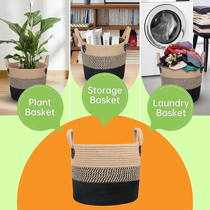 ZOES HOMEWARE 14"x12" Natural Jute Rope Woven Storage Basket with Handles for Plant, Blankets,Toys - Living Room Home Decor,Multifunctional Basket for Organizer,Picnic,Artificial Tree Black and Beige