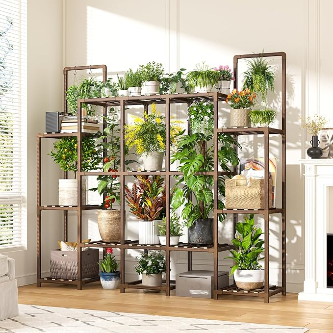 EnHomee Plant Stand Indoor Tall Plant Stand Outdoor Large Wood Plants Shelf with 16-20 Pots for Patio, Living Room, Garden, Balcony, 56.1" Wx47 Hx11.78 D