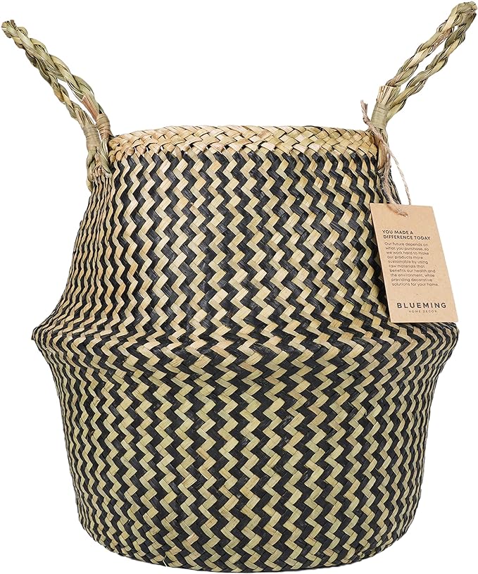 Blueming Home Wicker Plant Basket – Large Seagrass Floor Pot for Faux Olive Tree or Snake Plant, Black Decorative Woven Indoor Planter for 9-10 Inch (Black, Large)