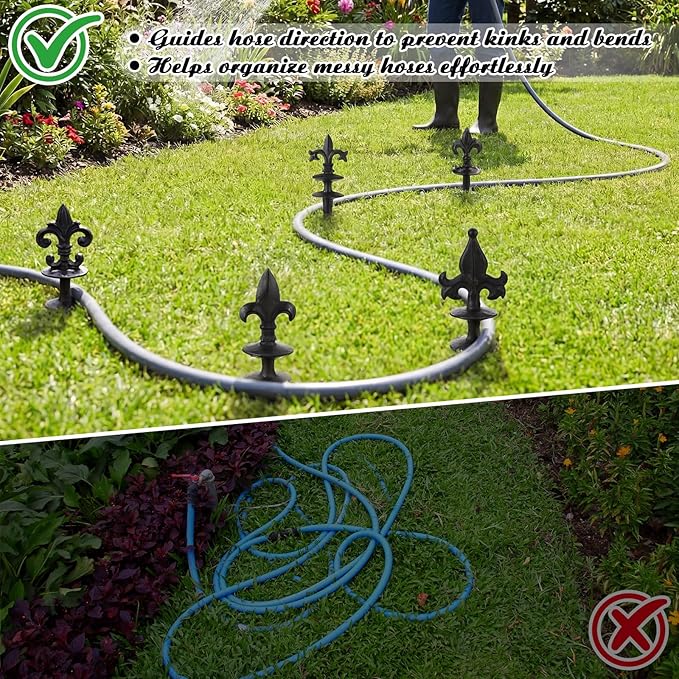 4 Pcs Antique Garden Hose Guide Spike, 13.7" Fleur De Lis Decorative Cast Iron Finial Stakes Heavy Duty Metal Plant Saver Tools Outdoor Hose Protection for Lawn Yard Patio(Black,Assorted Styles)