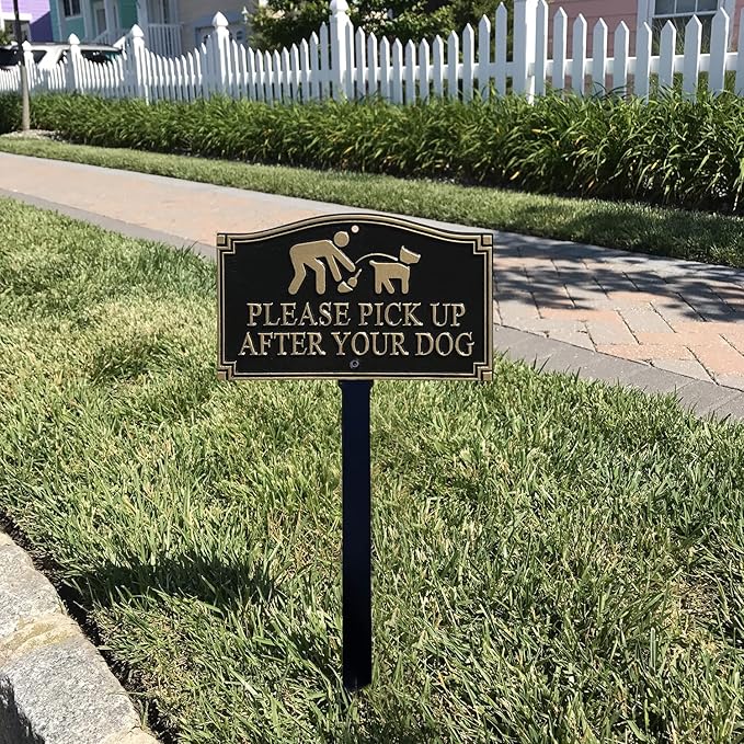 SmartSign Please Pick Up After Your Dog Sign for Yard | 5.75" x 9.5" Aluminum GardenBoss Statement Plaque with 18" Black Lawn Stake, Premium/Designer, Made in USA