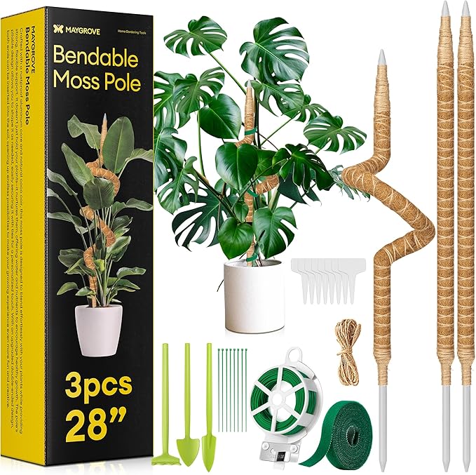 Maygrove 3-Pack 28” Bendable Moss Pole Monstera Plant Support for Climbing Indoors Plants, Coir Moss Poles Sticks DIY, Plant Support Stake for Potted Plants