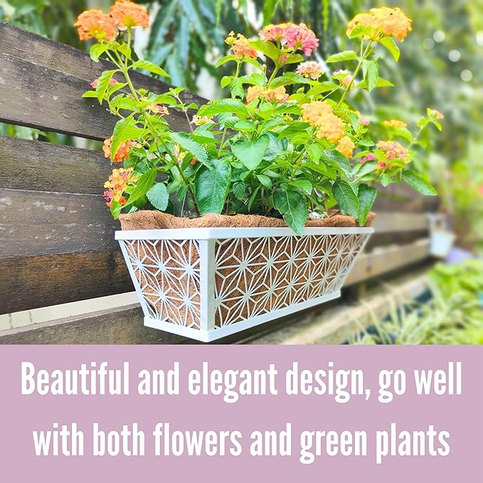 LaLaGreen Window Boxes Planter (2 Pack, 16 Inch) White Metal Rectangular Wall Planters with Coco Liner, Horse Trough Deck Railing for Outdoor Plants Holder, Modern Rail, Balcony, Fence, Porch Patio