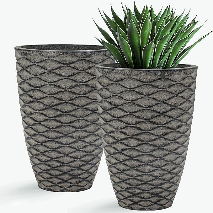 Autodaya 20" Tall Planters Set of 2, High-Density Resin Wavy Outdoor Pots for Plants, Versatile Indoor/Outdoor Flower Pots w/Drainage Holes for Patio, Garden, Porch & Living Room Decor, Ideal Gift