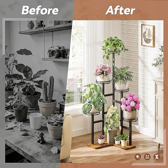 Tall Plant Stand Indoor Outdoor, 6 Tier Corner Tall Metal Wood Shelf Display Rack, Multi-tier Planter Pot Holder Flower Stand for Garden Balcony Living Room Bedroom