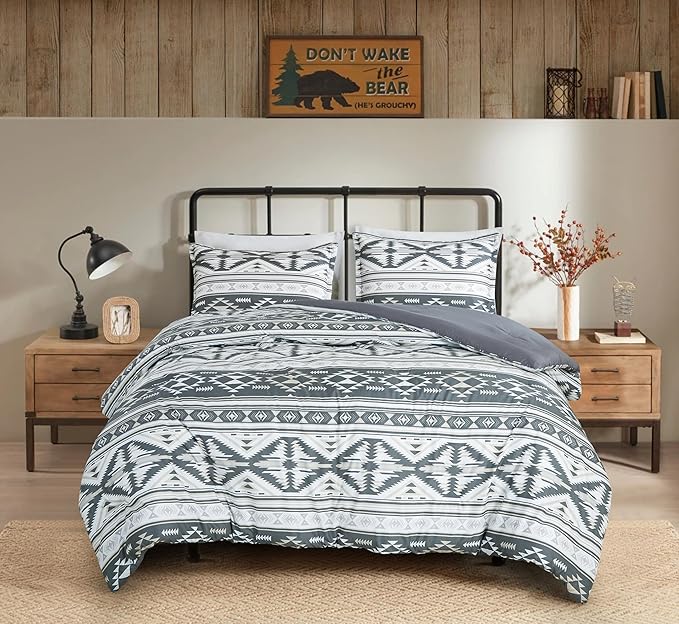 Chezmoi Collection Zella 3-Piece Southwestern Geometric Motif Comforter Set - Multicolor Gray White Light Brown Printed Washed Microfiber Bedding, Queen
