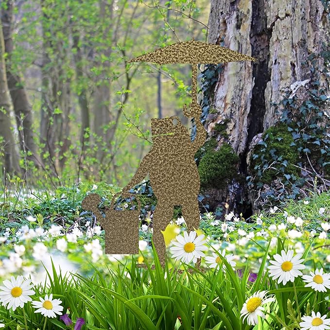 Rusty Metal Frog Garden Stake Funny Frog with Umbrella Rustic Nature Animal Country Weathered Iron Lawn Ornament Farm Yard Outdoor Decor,Bronze