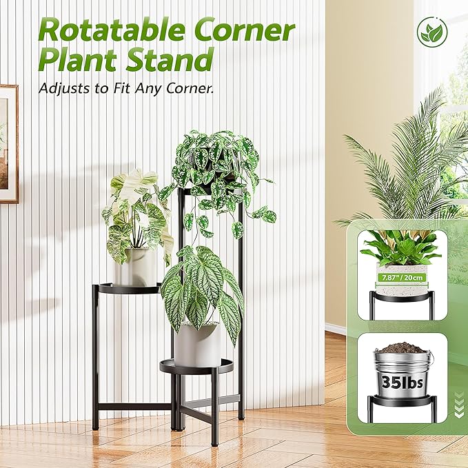 3 Tiered Plant Stand Indoor for Multiple Large Planter, Tall Heavy Duty Adjustable Folding Rack with Rustproof 7.9 Inch Wide Tray, Plant Shelf for Corner Living Room - BlackDisk