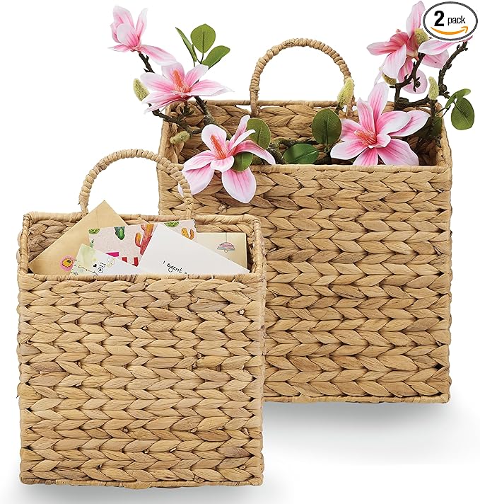Set of 2 Wicker Hanging Basket for Organizing, Front Door, Mail, Flowers - Woven Wall Baskets for Storage