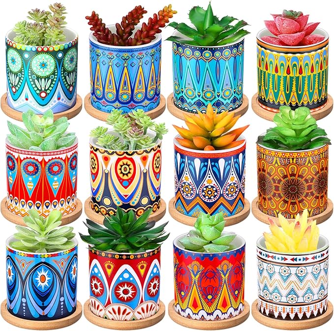 Zopeal 12 Pcs Mandala Ceramic Succulent Pots with Bamboo Trays, Colorful Boho Spring Decor Planters, Small Cactus Plant Pots for Desk Shelf Windowsill, Fiesta Home Decor