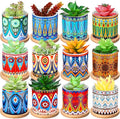 Zopeal 12 Pcs Mandala Ceramic Succulent Pots with Bamboo Trays, Colorful Boho Spring Decor Planters, Small Cactus Plant Pots for Desk Shelf Windowsill, Fiesta Home Decor