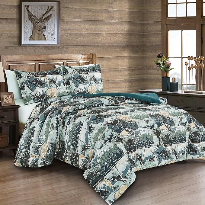 Chezmoi Collection Bishop 2-Piece North Lake Motif Comforter Set - Multicolor Blue Green Brown Black Printed Washed Cabin Lodge Microfiber Bedding, Twin