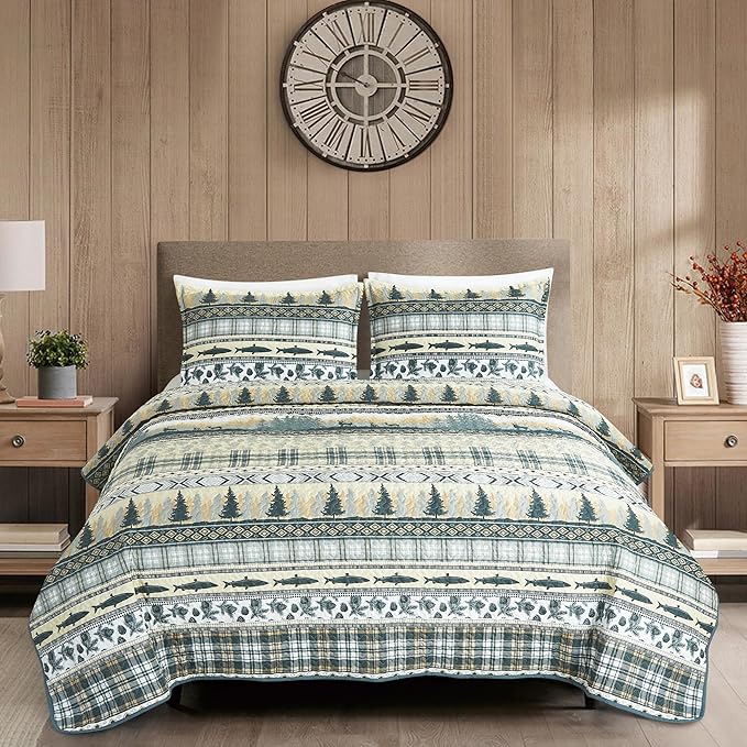 Chezmoi Collection Lake 3-Piece Lodge Quilt Set Queen - Multicolor Pine Tree Fish Deer Explorer Mountain Printed Microfiber Lightweight Bedspread Set for All Season