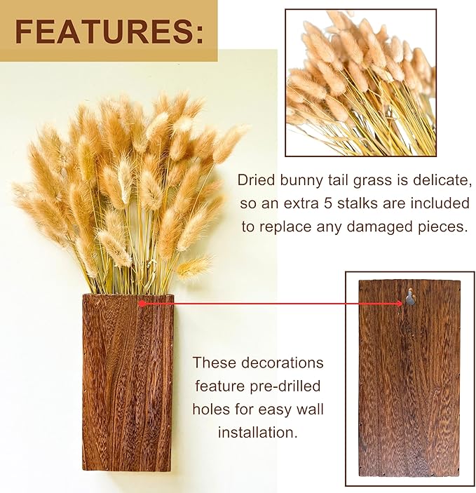 LaLaGreen Wood Wall Planters (8 Inch, 2 Pack) Include Bunny Tails Dried Flowers, Hanging Planter Wooden Box Vase for Indoor Modern Rustic Farmhouse Decor Home Living Room Bathroom Trendy Decoration