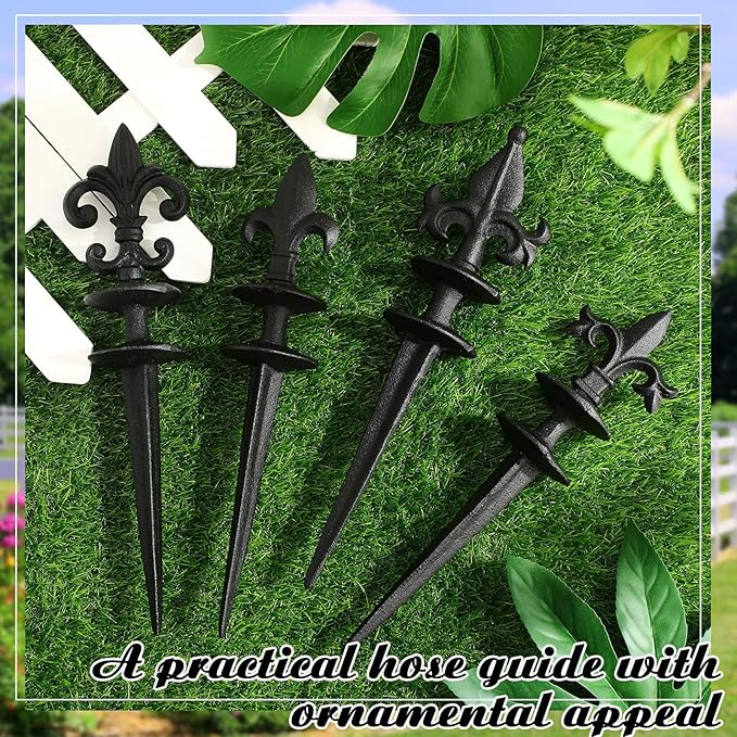 4 Pcs Antique Garden Hose Guide Spike, 13.7" Fleur De Lis Decorative Cast Iron Finial Stakes Heavy Duty Metal Plant Saver Tools Outdoor Hose Protection for Lawn Yard Patio(Black,Assorted Styles)