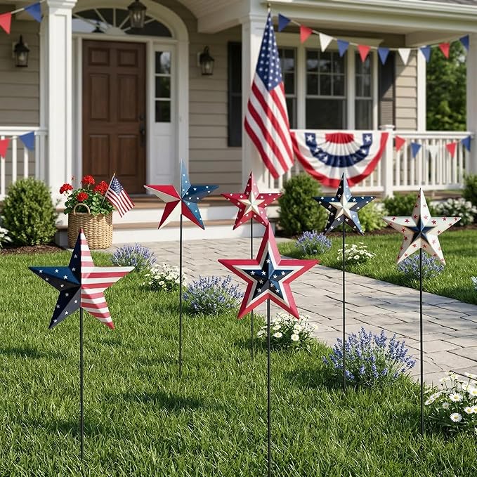 4th of July Decorations Outdoor 19" Metal Barn Star 6-Pack, Patriotic Outdoor Decorations, Rustic Iron Decorative Garden Stakes with American Flag Stars for Yard Patio Lawn
