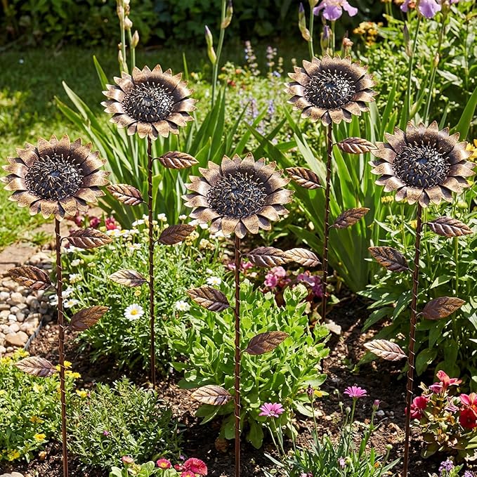AceOrbit 5 Pcs Rusty Garden Stakes for Outside 11.8" Metal Art Decor Bed Decor Weatherproof 3D Rusty Plant Pick for Farmhouse Outdoor Yard Lawn Patio Walkway Pathway Decoration (Sunflower)