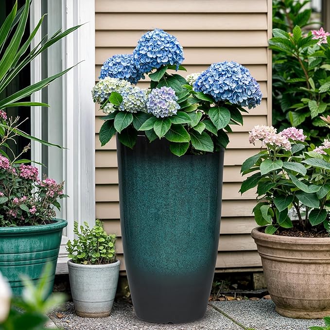 Autodaya 23.8" Tall Outdoor Planters Set of 2, Ceramic-Look Large Flower Pots for Indoor Outdoor Plants, All Seasons for Porch, Balcony, Garden, Patio or Home Art Decor, Gradient Turquoise Finish