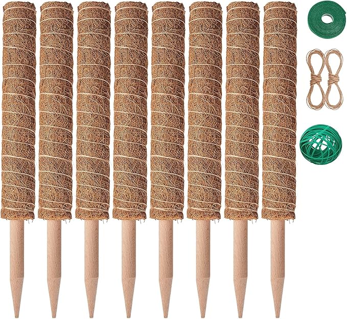 Eibikdi 8 Pcs Moss Pole for Plants Monstera, Plant Support Stakes for Indoor Climbing Plants Grow Upwards, with 65ft Twist Ties, 13ft Jute Rope, 6.5ft Hook-and-Loop Strip