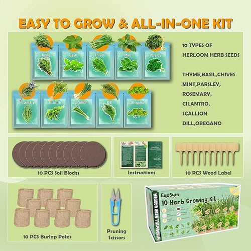 10 Herb Window Garden Kit Indoor - Herb Seeds for Indoor & Outdoor Gardening, Seeds for Planting, Gardening Gift for Kid Mother's Day Women, Complete Herb Growing Kit with Pots, Soil, Basil, Mint