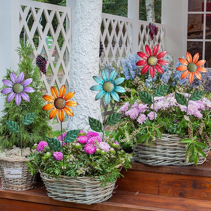 HUTHDAK Metal Flowers for Outside,5 Pack 16.15" Decorative Garden Stakes with Swaying Flowers Head Yard Art,Spring Garden Decor for Lawn, Pathway & Yard