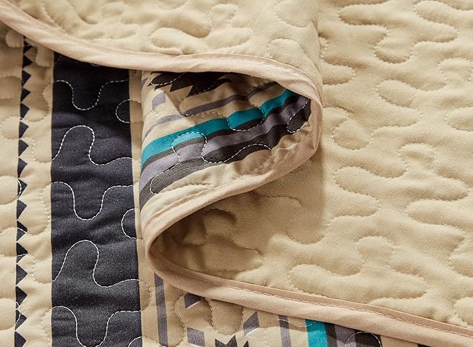 Chezmoi Collection 2-Piece Southwestern Geometric Tribal Quilt Set - Multicolor Teal Beige Black Gray Lightweight Quilted Bedspread Set, Twin (70" x 90")