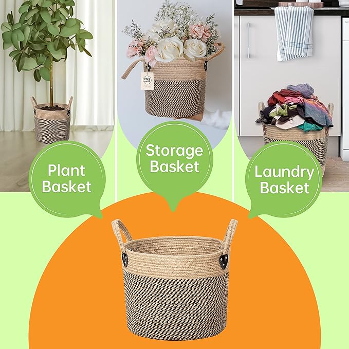 Zoes Homeware Jute Rope Basket - 10"x10" Woven Plant Pot Holder with Handles, Boho Indoor/Outdoor Planter Cover, Multifunctional Storage
